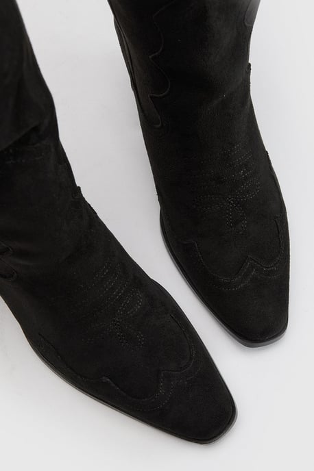 Wide Fit Knee High Heeled Faux Suede Western Cowboy Boots - Image 5