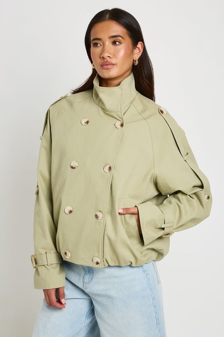 Funnel Neck Double Breasted Trench - Image 1