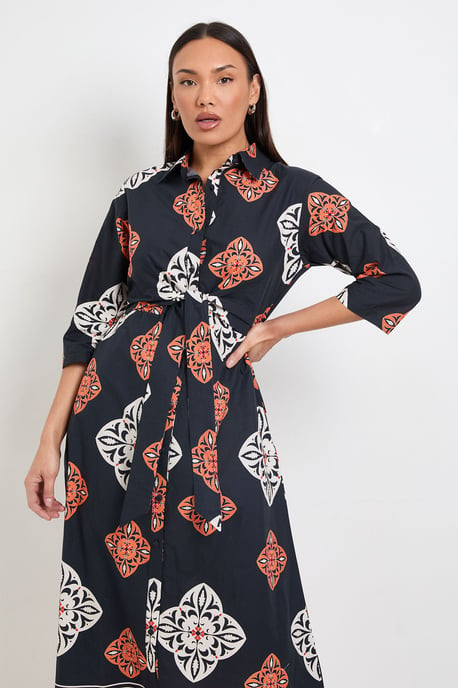 Tile Print Tie Front Midi Shirt Dress - Image 2