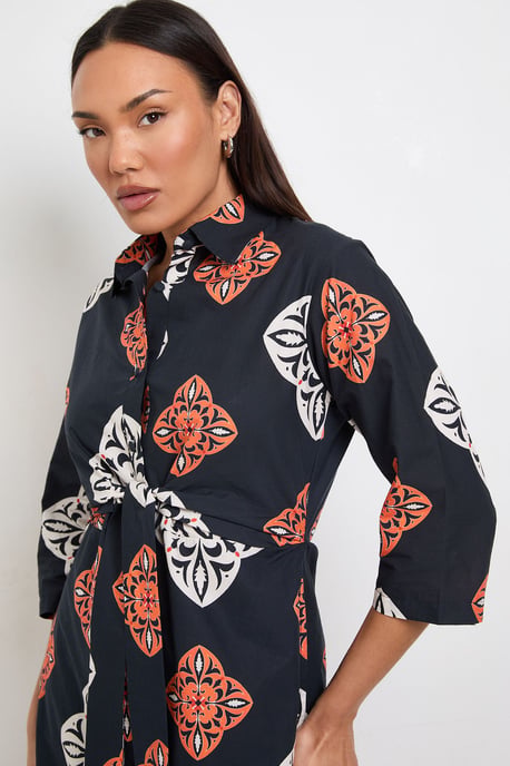 Tile Print Tie Front Midi Shirt Dress - Image 4