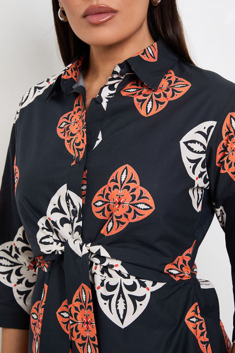 Tile Print Tie Front Midi Shirt Dress - Image 5