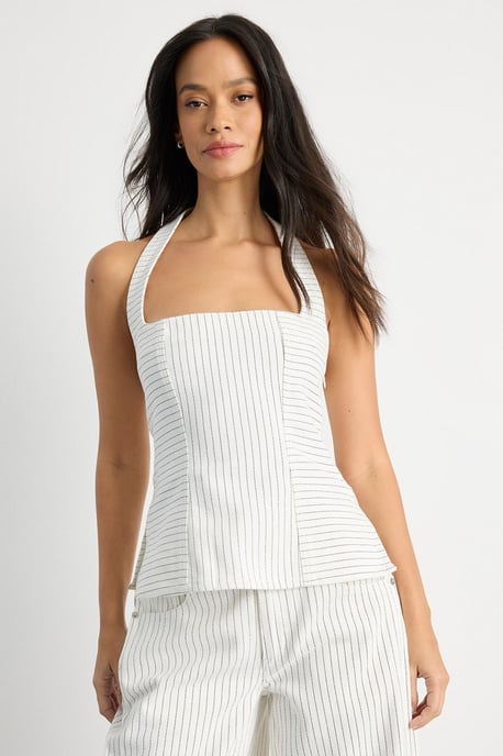 Pinstripe Halterneck Denim Top - Image 1