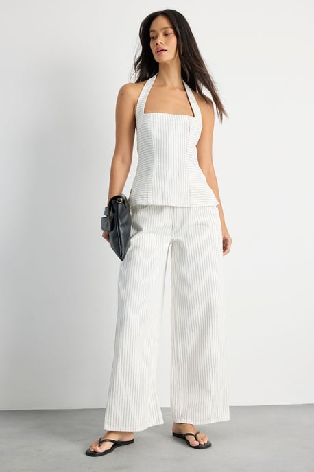 Pinstripe Halterneck Denim Top - Image 2