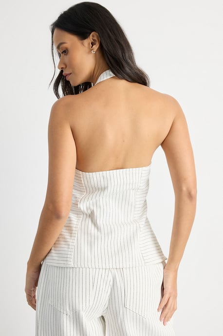 Pinstripe Halterneck Denim Top - Image 3