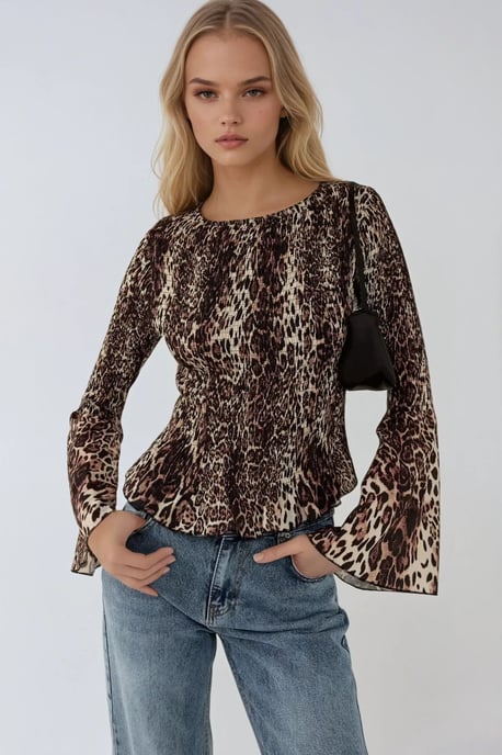 Animal Print Boat Neck Top with Shirred Detail - Image 1
