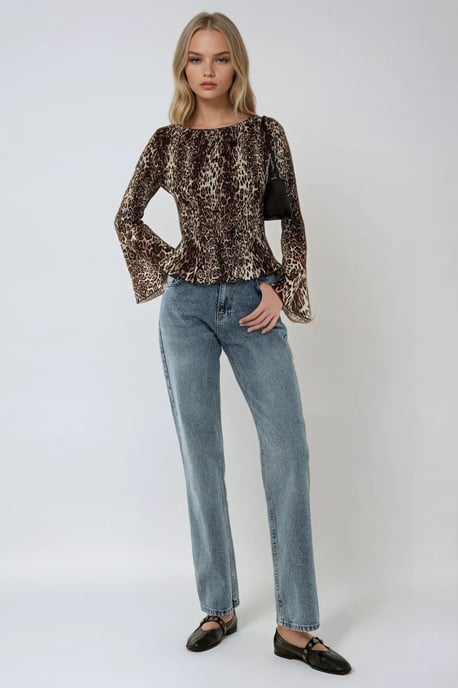 Animal Print Boat Neck Top with Shirred Detail - Image 2