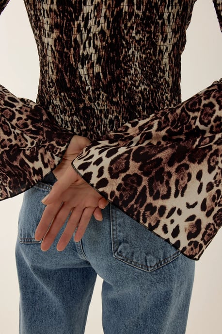 Animal Print Boat Neck Top with Shirred Detail - Image 3