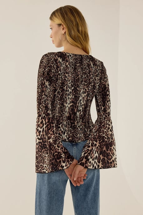 Animal Print Boat Neck Top with Shirred Detail - Image 4