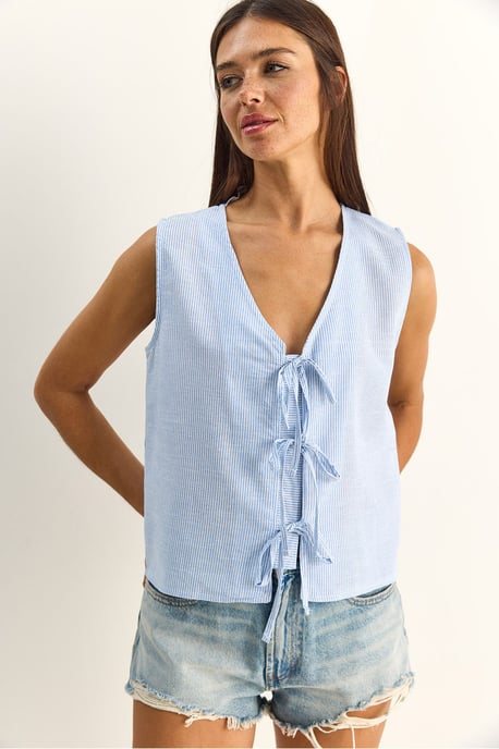 Gestreepte V-hals Blouse met Strikdetail - Image 3