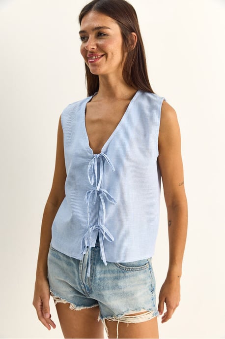 Gestreepte V-hals Blouse met Strikdetail - Image 4