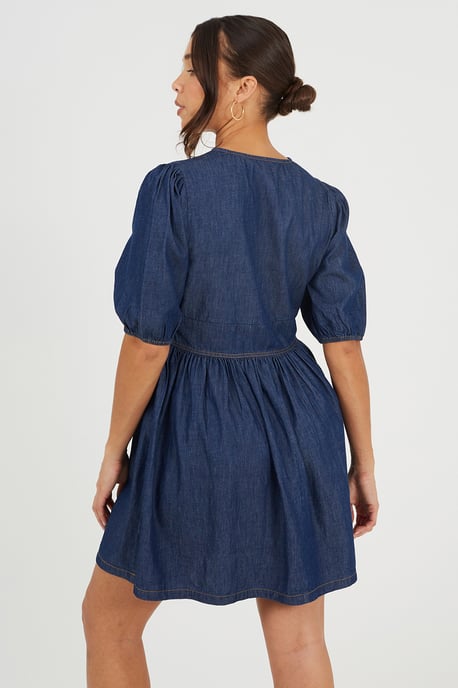 Indigo Chambray Short Puff Sleeve Mini Dress - Image 2