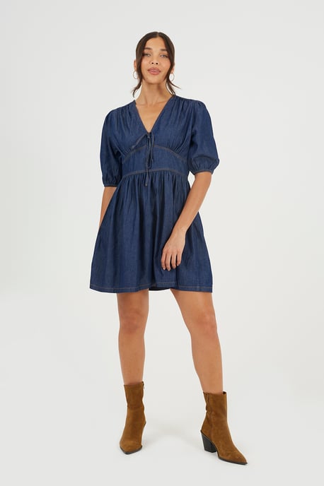 Indigo Chambray Short Puff Sleeve Mini Dress - Image 3
