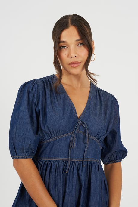 Indigo Chambray Short Puff Sleeve Mini Dress - Image 4