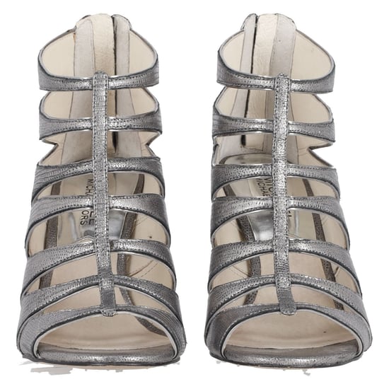 Michael Kors Mavis Open Toe Snake-Print Heels in Silver Leather - Image 2