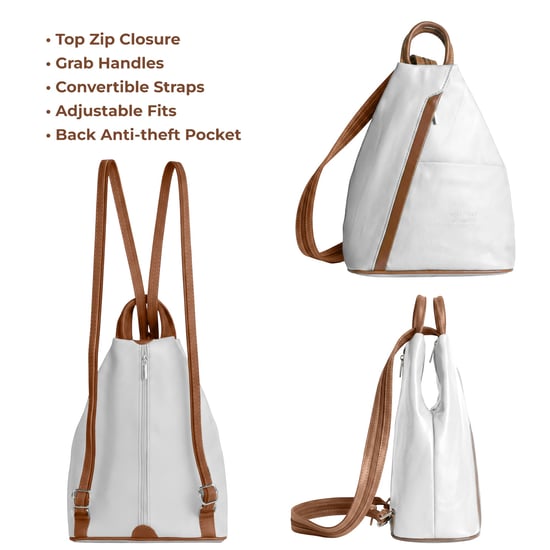 Women’s Italian Leather Convertible Backpack Vera Pelle Anti-Theft Rucksack in White - Image 3