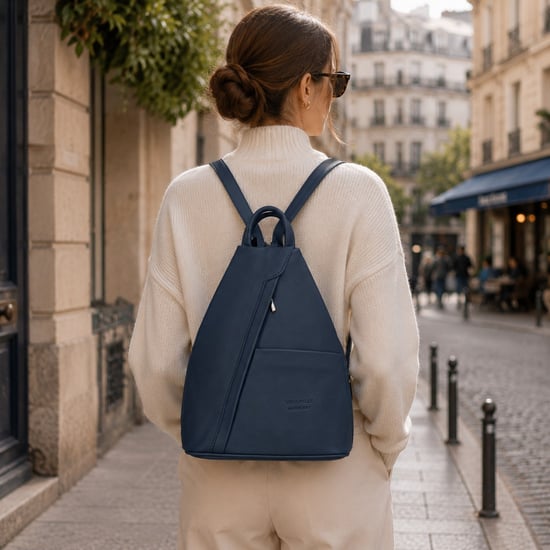 Women’s Italian Leather Convertible Backpack Vera Pelle Anti-Theft Rucksack in Navy - Image 2