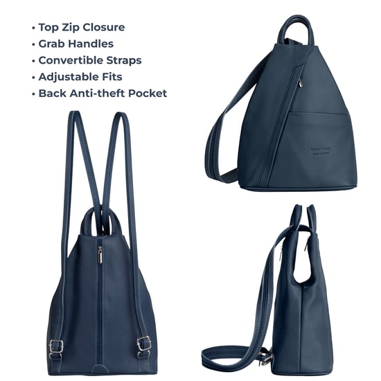 Women’s Italian Leather Convertible Backpack Vera Pelle Anti-Theft Rucksack in Navy - Image 3