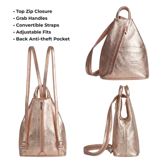 Women’s Italian Leather Convertible Backpack Vera Pelle Anti-Theft Rucksack in Rose Gold - Image 3