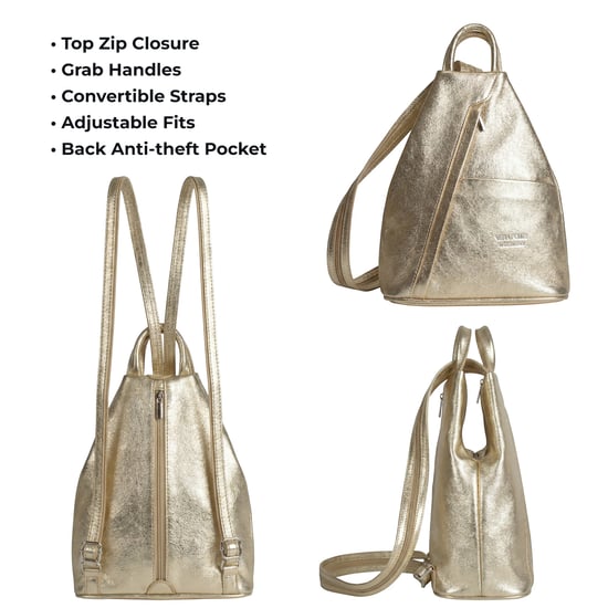 Women’s Italian Leather Convertible Backpack Vera Pelle Anti-Theft Rucksack in Gold - Image 3