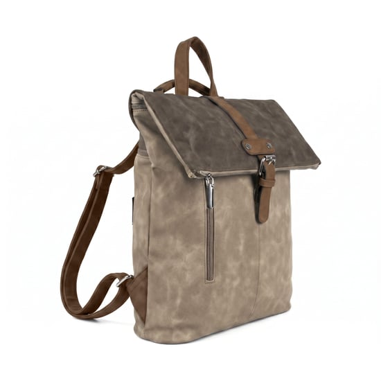 Roll-Top Backpack, Anti-Theft Travel Bag with Luggage Strap in Khaki - Image 1