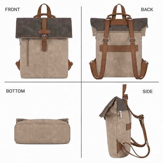 Roll-Top Backpack, Anti-Theft Travel Bag with Luggage Strap in Khaki - Image 3