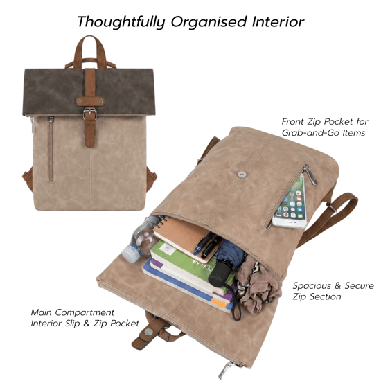 Roll-Top Backpack, Anti-Theft Travel Bag with Luggage Strap in Khaki - Image 4