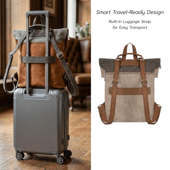 Roll-Top Backpack, Anti-Theft Travel Bag with Luggage Strap in Khaki - Image 6