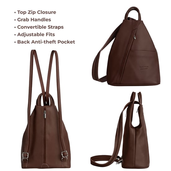 Women’s Italian Leather Convertible Backpack Vera Pelle Anti-Theft Rucksack in Dark Brown - Image 3