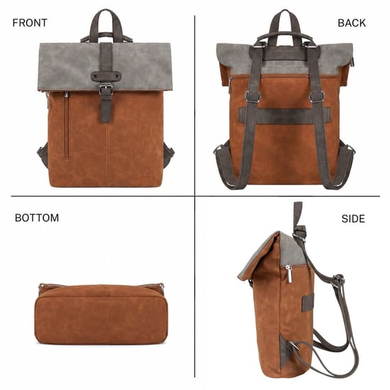 Roll-Top Backpack, Anti-Theft Travel Bag with Luggage Strap in Brown - Image 3