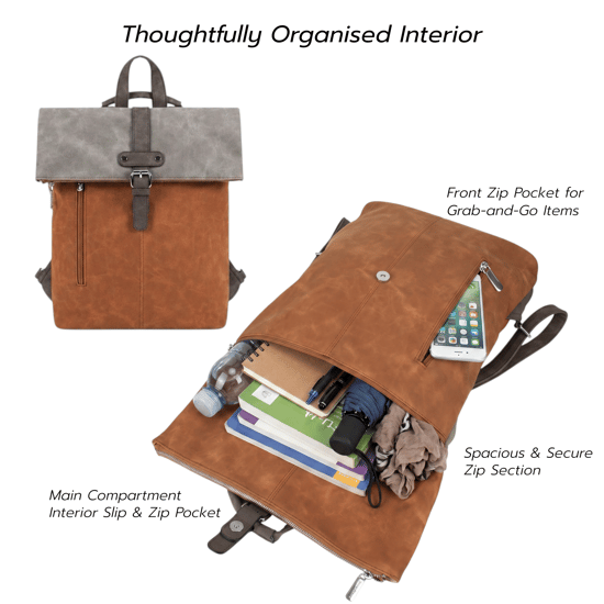 Roll-Top Backpack, Anti-Theft Travel Bag with Luggage Strap in Brown - Image 4