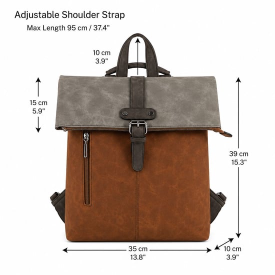 Roll-Top Backpack, Anti-Theft Travel Bag with Luggage Strap in Brown - Image 5