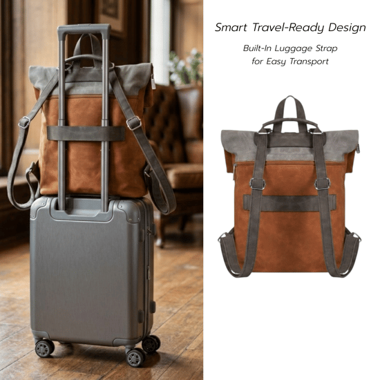 Roll-Top Backpack, Anti-Theft Travel Bag with Luggage Strap in Brown - Image 6