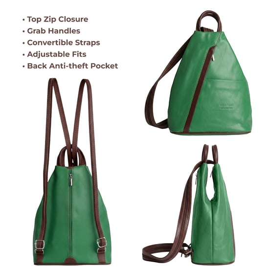 Women’s Italian Leather Convertible Backpack Vera Pelle Anti-Theft Rucksack in Green - Image 2