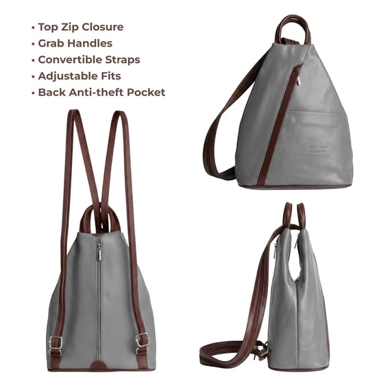 Women’s Italian Leather Convertible Backpack Vera Pelle Anti-Theft Rucksack in Grey - Image 3