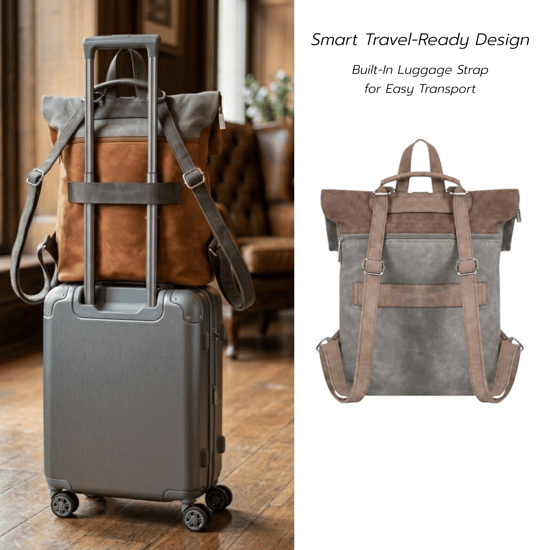 Roll-Top Backpack, Anti-Theft Travel Bag with Luggage Strap in Dark Grey - Image 6