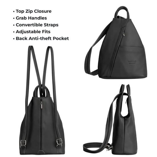 Women’s Italian Leather Convertible Backpack Vera Pelle Anti-Theft Rucksack in Black - Image 3