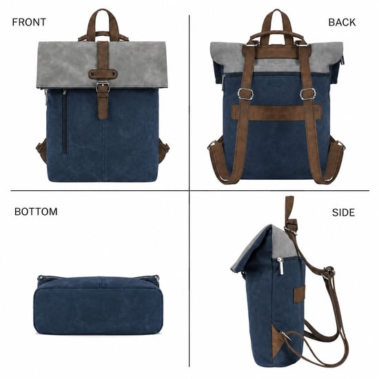 Roll-Top Backpack, Anti-Theft Travel Bag with Luggage Strap in Navy - Image 3