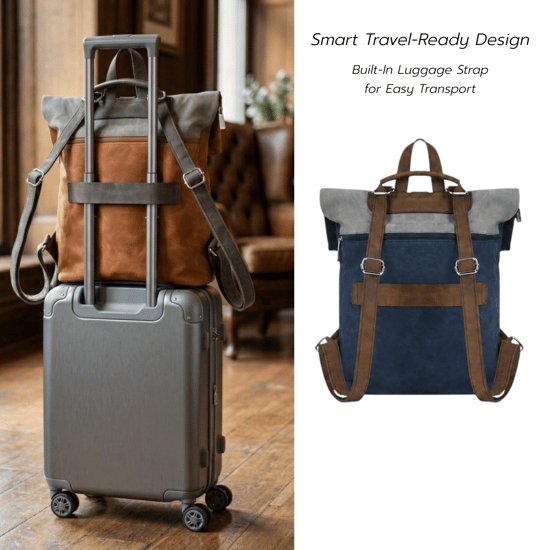 Roll-Top Backpack, Anti-Theft Travel Bag with Luggage Strap in Navy - Image 6