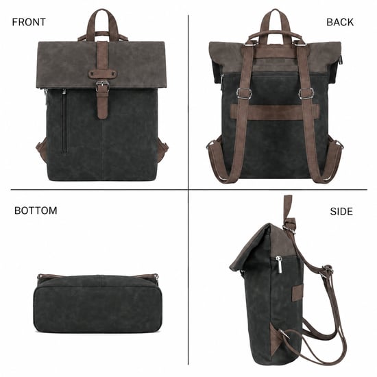 Roll-Top Backpack, Anti-Theft Travel Bag with Luggage Strap in Black - Image 3