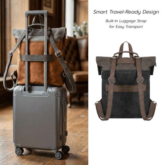 Roll-Top Backpack, Anti-Theft Travel Bag with Luggage Strap in Black - Image 6