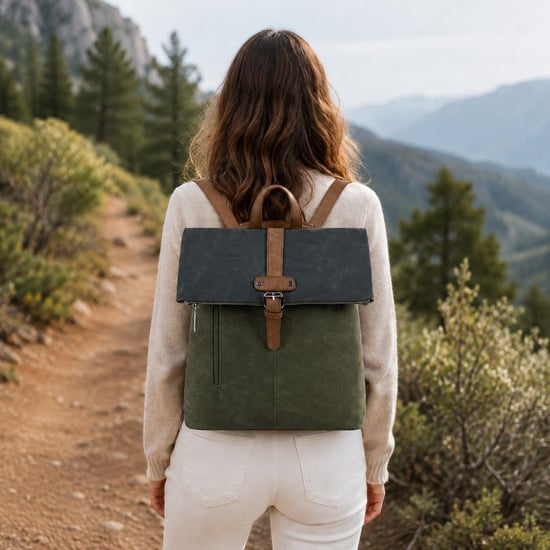 Roll-Top Backpack, Anti-Theft Travel Bag with Luggage Strap in Green - Image 2