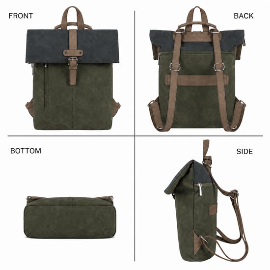 Roll-Top Backpack, Anti-Theft Travel Bag with Luggage Strap in Green - Image 3