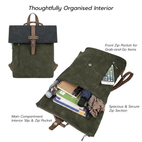 Roll-Top Backpack, Anti-Theft Travel Bag with Luggage Strap in Green - Image 4