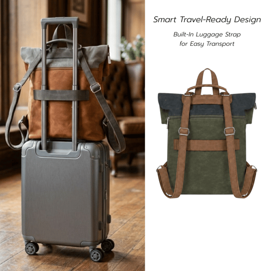 Roll-Top Backpack, Anti-Theft Travel Bag with Luggage Strap in Green - Image 6