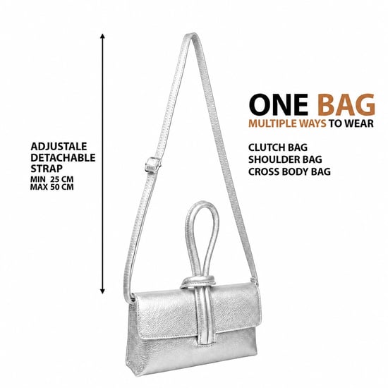 Women’s Italian Leather Clutch Bag, Convertible Crossbody Shoulder Wristlet Purse in Silver - Image 4