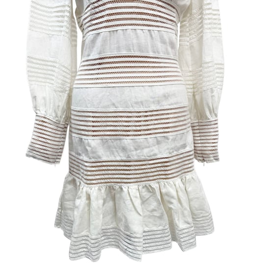Zimmermann Crochet Trimmed Mini Dress in White Linen - Image 6