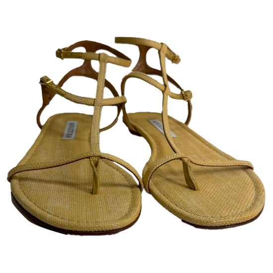 Aquazzura So Ponza T-Strap Sandals in Beige Raffia - Image 2