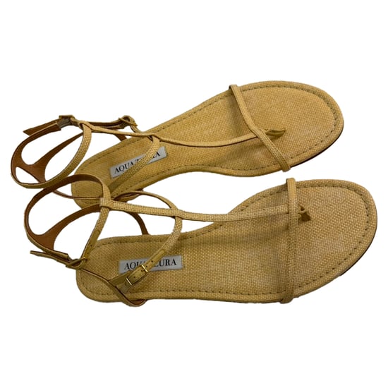 Aquazzura So Ponza T-Strap Sandals in Beige Raffia - Image 4