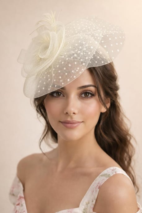 Feather & Polka Veil Fascinator in Cream - Image 1