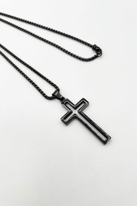 Hollow Cross Pendant Necklace in Black - Image 3